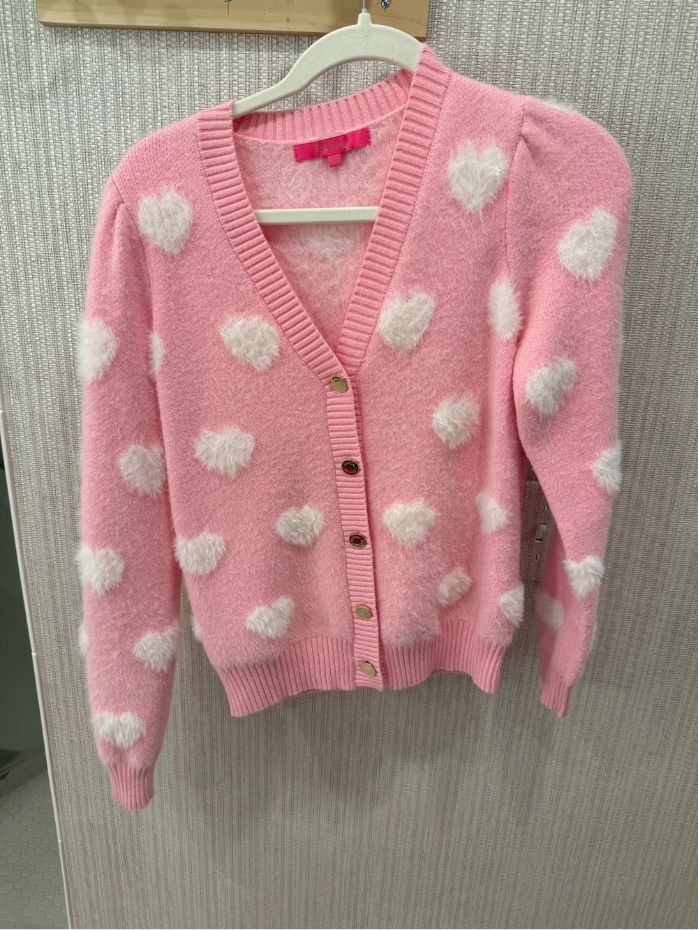 Lilly Pulitzer Pink Cardigan with White Heart Motif - Picture 1 of 3